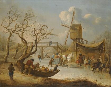 A Winter Landscape With Skating Figures And A Horse-Drawn Sleigh Near A Wind Mill