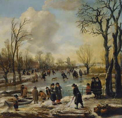 A Winter Landscape With Villagers Skating And Playing Kolf On A Frozen Canal, A Village Beyond