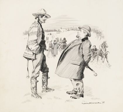A winter scene. A man in a suit talks with a man in rougher clothes, while behind them people in fine clothes walk and ride in sleighs. (1899) — size preview