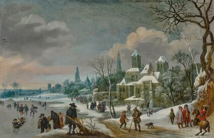 A winter townscape with figures skating on a frozen river