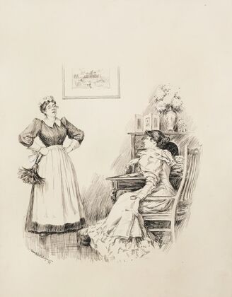 A woman at her desk talks with her maid. (1895)
