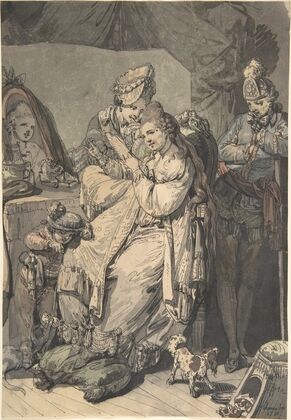 A Woman at her Toilet with a Maid, a Boy, a Dog and a Young Soldier