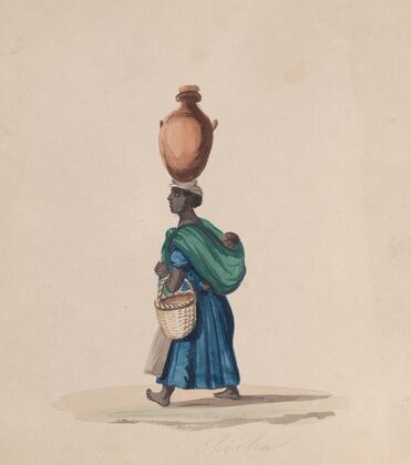A woman carrying a vessel on her head and a child on her back