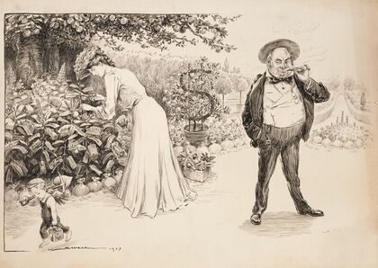 A woman clips a few coupons growing on a bush with numerous stocks and commodities (1903)