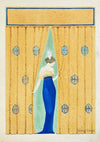 A woman in a fancy dress comes through curtains.