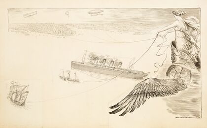 A woman in a winged chariot holds the reins to ships, a plane, a dirigible, and a hot air balloon as they travel towards a crowded city. (1909) — size preview