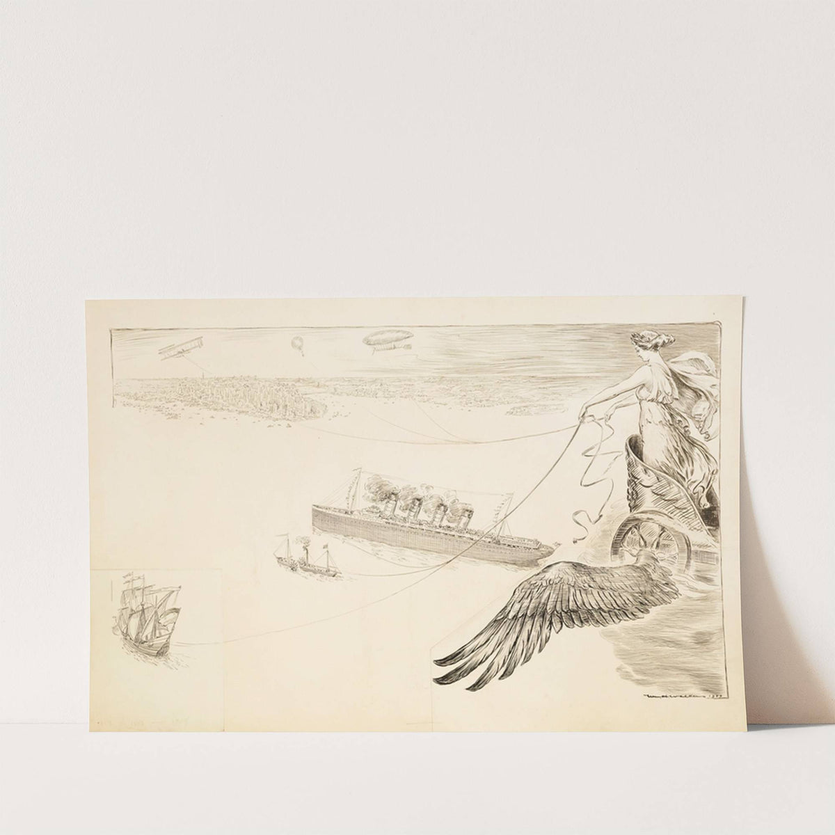 A woman in a winged chariot holds the reins to ships, a plane, a dirigible, and a hot air balloon as they travel towards a crowded city. (1909) by William Henry Walker