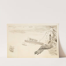 A woman in a winged chariot holds the reins to ships, a plane, a dirigible, and a hot air balloon as they travel towards a crowded city. (1909) by William Henry Walker