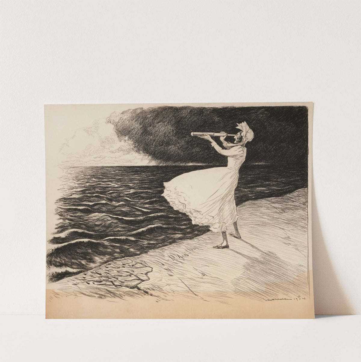 A woman looks out to sea with a telescope. (1904) by William Henry Walker