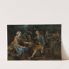 A woman offering an onion and a herring to a young man holding a glass of beer, others smoking and playing skittles behind them by Matthijs Naiveu