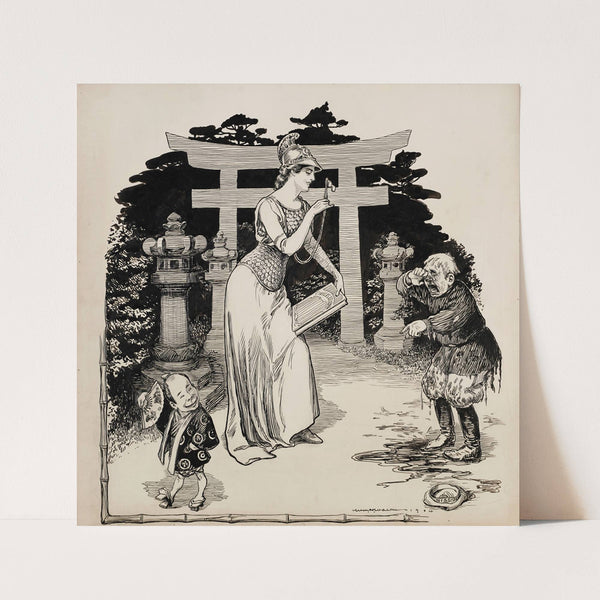 A woman representing civilization comforts a crying child (Russia), as a smiling child (Japan) looks on. (1904) by William Henry Walker