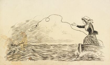 A woman representing France, in a small boat on choppy seas, throws a life preserver to a drowning George Washington. (1915)