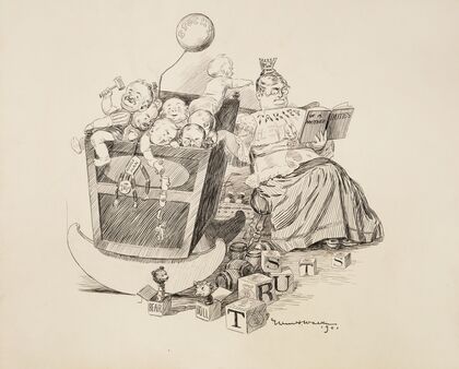 A woman, representing tariffs, rocks a cradle with many babies representing the Trusts (1901)