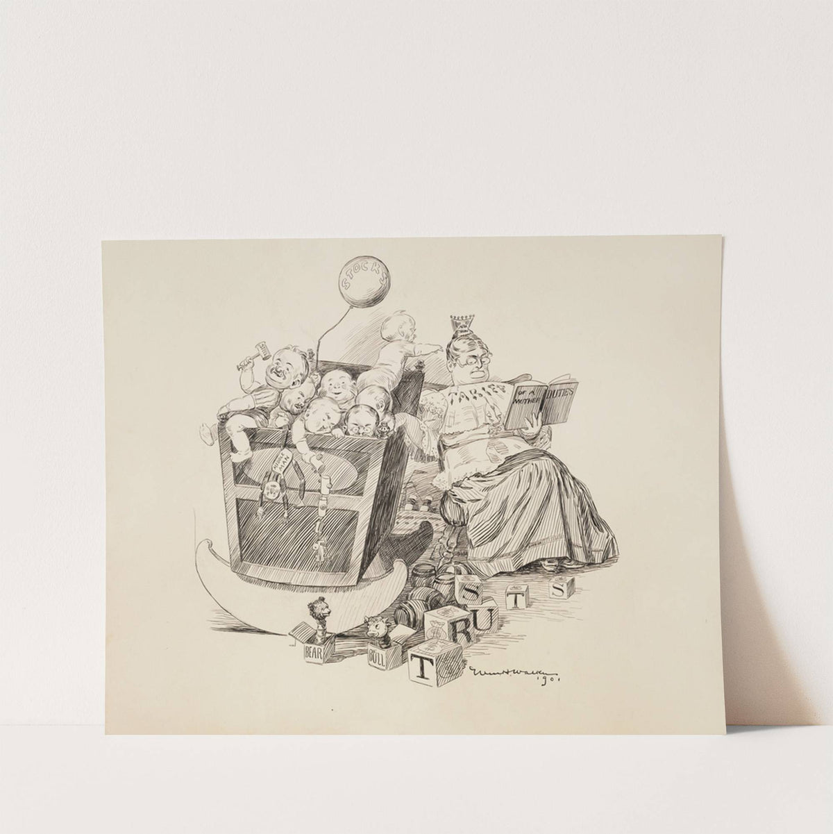 A woman, representing tariffs, rocks a cradle with many babies representing the Trusts (1901) by William Henry Walker