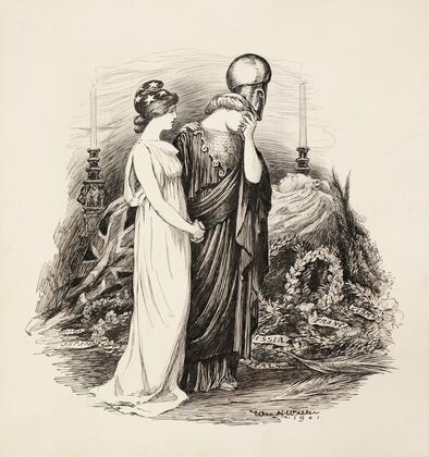 A woman representing the United States tries to comfort a woman in military garb who grieves the death of Queen Victoria of the United Kingdom (1901) — size preview