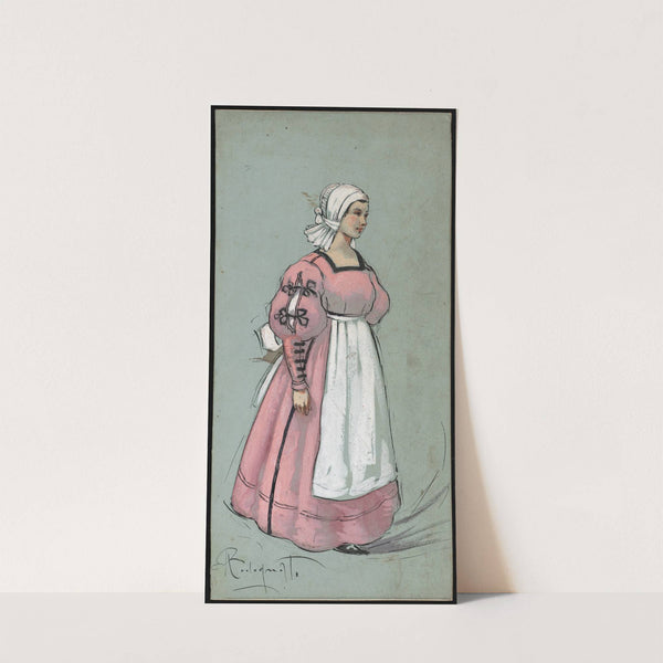 A woman standing in a pink floor-length dress in three-quarter profile by Plinio Codognato