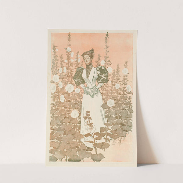 A woman stands in a field of flowers by Anonymous