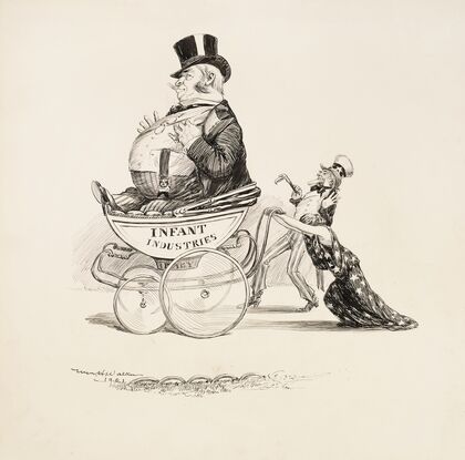 A woman struggles to push a large baby carriage with a fat man inside representing infant industries (1901)