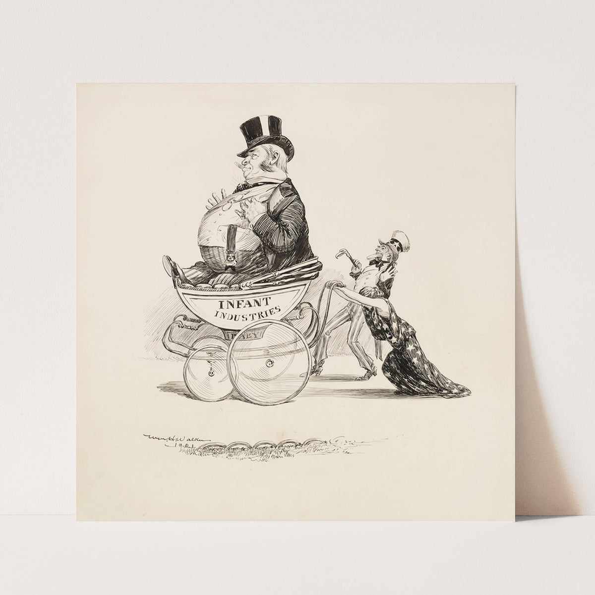 A woman struggles to push a large baby carriage with a fat man inside representing infant industries (1901) by William Henry Walker