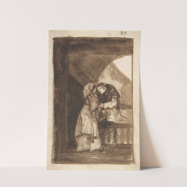 A woman talking to a priest in a covered archway (ca. 1812–20) by Francisco de Goya
