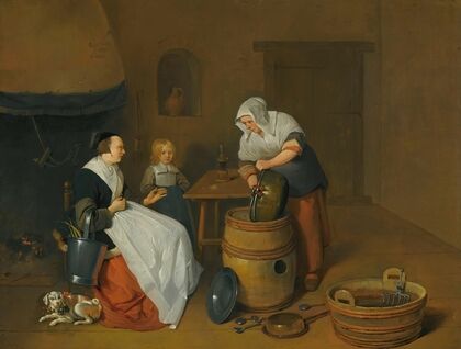 A Woman Talking With Her Maid In A Kitchen Interior With A Child, A Dog And A Fire