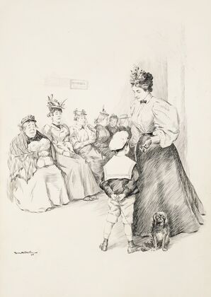 A woman talks to a boy and his dog (1896)