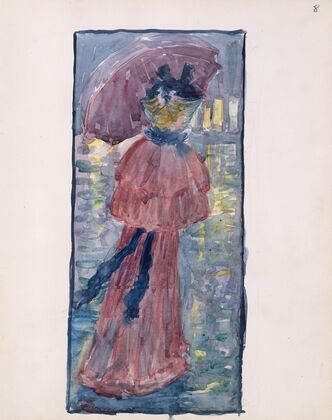 A woman walking in the rain under an umbrella (1895–1897)