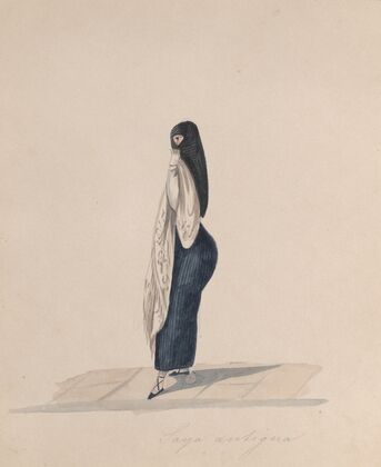 A woman wearing the saya standing in profile