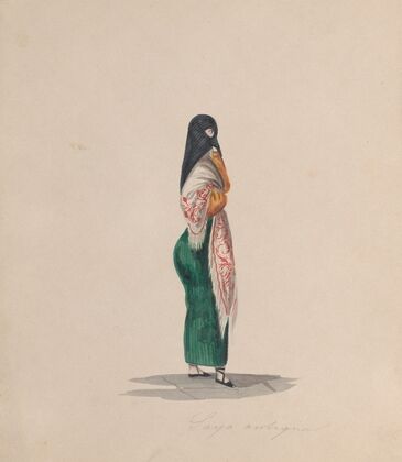 A woman wearing the saya standing in profile