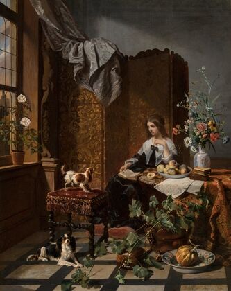 A woman with lapdogs in a lavish interior (1852)