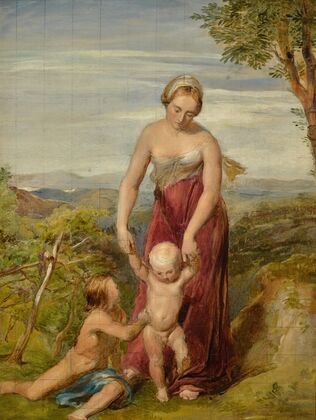 A woman with two children in a hilly landscape