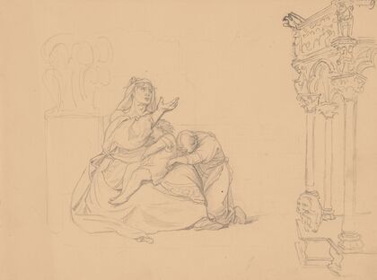 A woman with two children with a hand extended in a gesture of begging (1856)