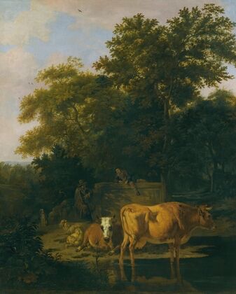 A wooded landscape at dusk, with two herdsmen a dog, sheep and cattle