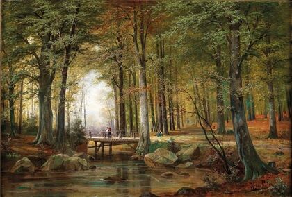 A Wooded Landscape with a Creek and a Bridge