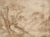 A wooded landscape with a figure resting beside a road and a river in the background