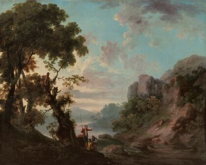 A wooded landscape with a lake, anglers in the foreground