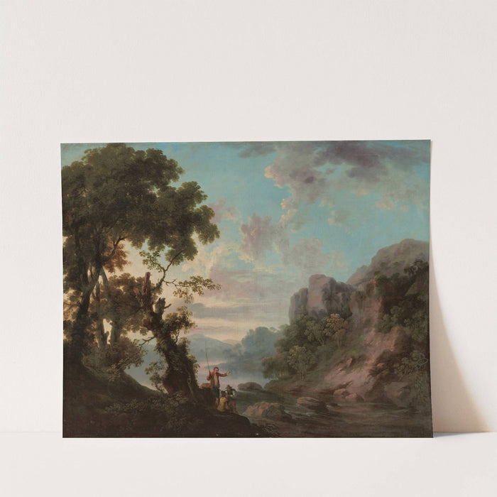 A wooded landscape with a lake, anglers in the foreground by George Barret