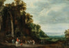 A wooded landscape with a rider conversing with peasants near an overgrown castle