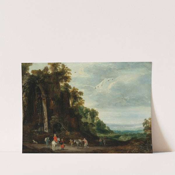 A wooded landscape with a rider conversing with peasants near an overgrown castle by Joos de Momper