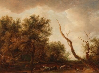 A wooded landscape with a shepherd and his flock