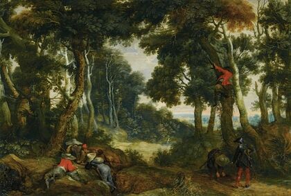 A Wooded Landscape With Brigands Playing Dice, Another Brigand Up In A Tree, On The Lookout
