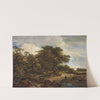 A wooded landscape with cottages and a figure and dogs on a dirt path by Jacob van Ruisdael
