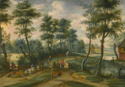 A wooded landscape with drovers and their cattle, a village beyond