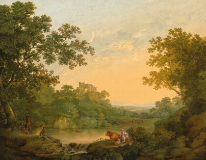 A wooded landscape with fishermen and shepherds by a pond, a ruined castle beyond