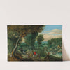A wooded landscape with travellers by a river by Mattheus Molanus