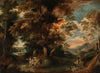 A wooded landscape with travellers