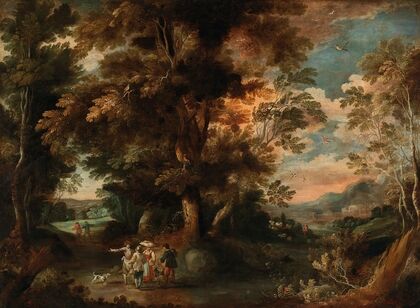 A wooded landscape with travellers