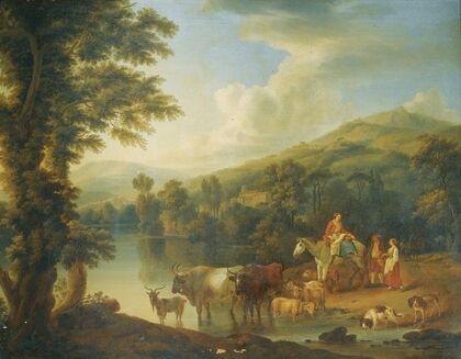 A Wooded River Landscape With A Woman On A Grey Horse With Animals Watering (1771)