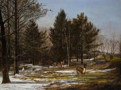 A Wooded Winter Landscape With Deer