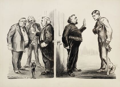 A wounded soldier is denied entrance to Congress, where three stout politicians are arguing. (1921)